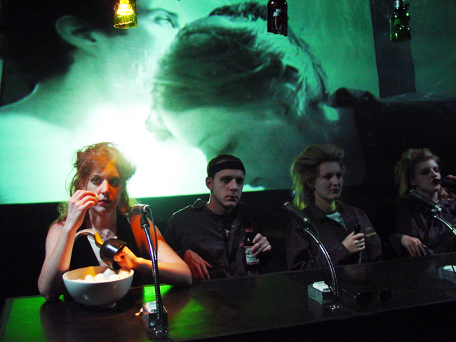 Marzalek-Kelly (left) performing in Fovea Floods' production Beer City at Caffé Lena (2005). Photo courtesy of Sue Kessler.